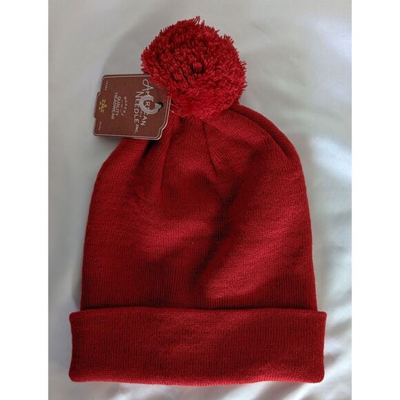 Red Knit Beanie American Needle Cuffed Pom Hat - Picture 4 of 9